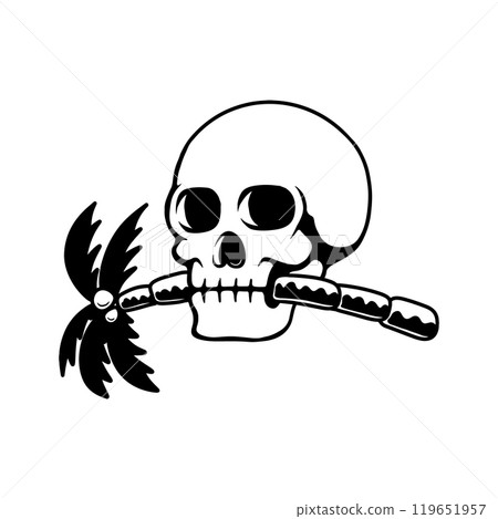 Illustration of skull with palm. Summer theme. Design element for poster, card, banner, emblem, sign. Vector illustration 119651957