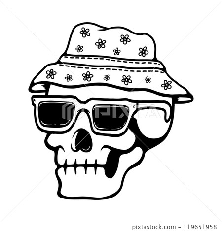 Illustration of skull in hat and sunglasses. Summer theme. Design element for poster, card, banner, emblem, sign. Vector illustration Illustration of skull in hat and sunglasses. Summer theme. Design element for poster, card, banner, emblem, sign. Vector illustration 119651958