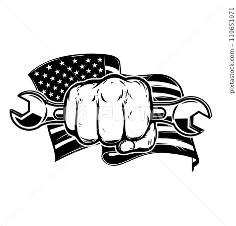 Illustration of hand with wrench on american flag background. Design element for poster, card, banner, sign, emblem. Vector illustration Illustration of hand with wrench on american flag background. Design element for poster, card, banner, sign, emblem. Vector illustration 119651971