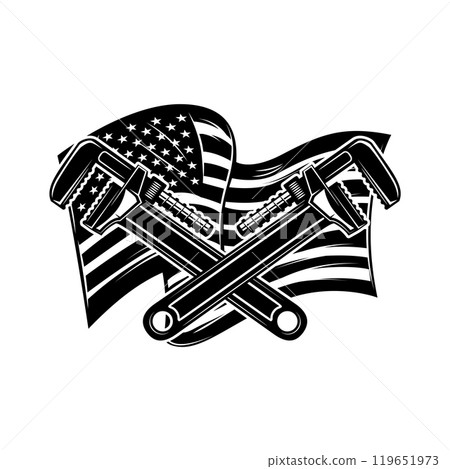 Illustration of crossed pipe wrenches on us flag background. Design element for poster, card, banner, sign. Vector illustration 119651973