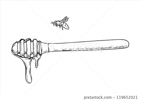 Honey wooden stick with syrup drip and flying bee hand drawn vector isolated illustration. Natural healthy sweetness dripping from spoon monochrome flat for poster, label, package. 119652021