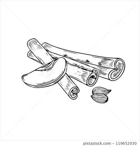 Almonds, apple slice and cinnamon sticks pile vector isolated illustration in black and white colors. Nuts with fruits, seasoning ingredients monochrome illustration for winter sweet desserts, drinks. 119652030