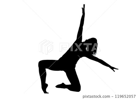 A silhouette of a woman performing a yoga pose on a white background A silhouette of a woman performing a yoga pose on a white background 119652057