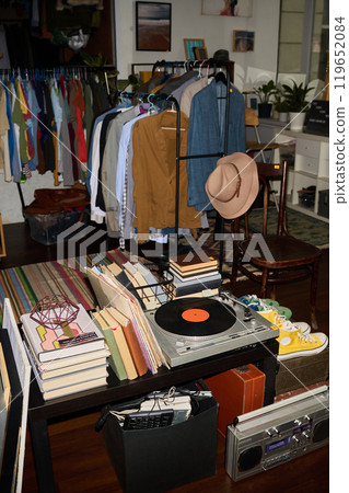 Book stacks, record player and boombox 119652084