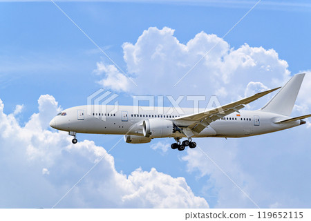 Passenger plane landing at the airport, under a blue sky with white clouds 119652115