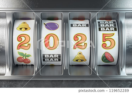 2025 Happy New Year in casino. Slot machine with jackpot number 2025. 3d illustration 2025 Happy New Year in casino. Slot machine with jackpot number 2025. 3d illustration 119652289