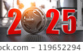 2025 Happy New Year  in fitness bodybuilding workout gym. Number 2025 with barbell and oter spoirt equipment. 119652294