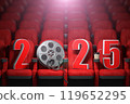 Happy new 2025 year in cinema red seats. 2025 cinema and movie season concept. 119652295