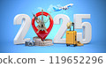2025 Happy new year. Number 2025 and pin with most popular landmarks of the world. New year celebration in London, Paris, Rome or New York. 119652296