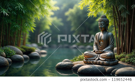竹林池塘邊的佛像正在冥想。 竹林池塘邊的佛像正在冥想。 119652446