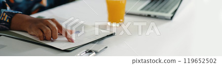 Examining Business Documents with Laptop Nearby 119652502