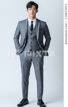 Korean man wearing gray suit confident full body isolated background Generative AI Korean man wearing gray suit confident full body isolated background Generative AI 119652651