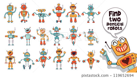 Find two identical robots. Funny cartoon characters. Educational game for kids. Vector illustration 119652694