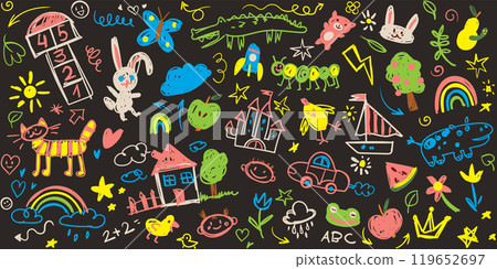 Kids scribble on a black school blackboard. Hand drawn doodle sketch children Kids scribble on a black school blackboard. Hand drawn doodle sketch children 119652697