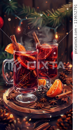A cozy scene with two glasses of aromatic mulled wine on a Christmas stall, surrounded by cinnamon sticks, star anise, orange slices, pine cones, holly leaves, and fairy lights 119652791