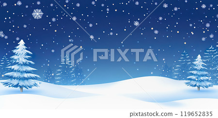 Snowy Winter abstract sale banner. Landscape with Snowflakes and Pine Trees at Night. 119652835