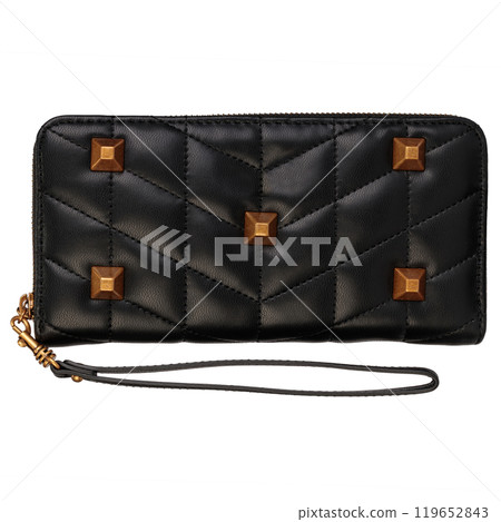 Stylish black quilted wallet with gold studs and wrist strap isolated on a white background Stylish black quilted wallet with gold studs and wrist strap isolated on a white background 119652843