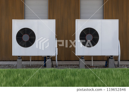 Outdoor Heat Pumps on Modern Building Wall Outdoor Heat Pumps on Modern Building Wall 119652846