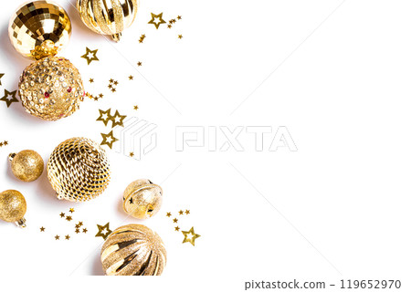 Christmas template with golden baubles 119652970