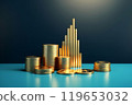Stacks of gold coins against a minimal blue background 119653032