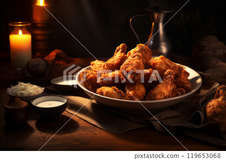 Golden fried chicken wings served in a homely setting with warm candlelight. Comfort food concept 119653068