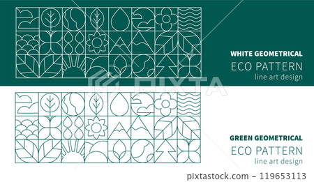 Eco Line Art Patterns in Geometric Bauhaus Style with Nature Icons in a Vector minimal illustration 119653113