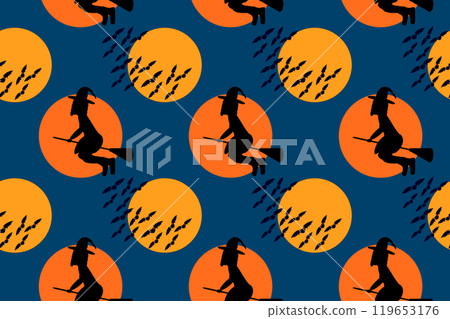 Witch Silhouette and Bats Halloween Pattern Witch Silhouette and Bats Halloween Pattern 119653176