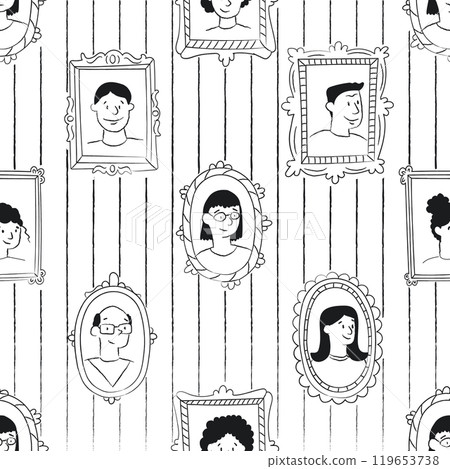 A seamless pattern with people faces. Print with family portraits. Genealogical tree. Wall of fame. Hand drawn frames with images of men and women. 119653738