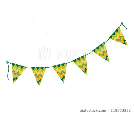 Triangular festive pennants garland with decorative zigzag ornament in trendy St Patrick colors 119653832