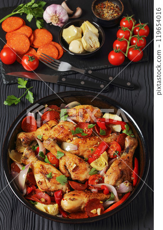 Basque Chicken Pepper Artichoke and Chorizo Saute 119654016