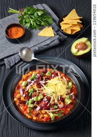 taco soup with kidney bean, corn, ground beef taco soup with kidney bean, corn, ground beef 119654018