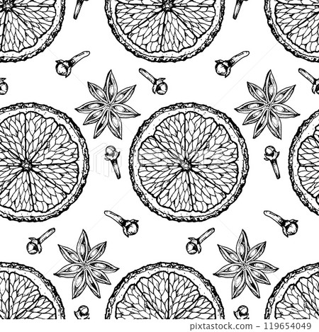 Seamless hand drawn vector pattern featuring orange slices, cinnamon sticks, star anise, and cloves. Perfect for Christmas holiday, winter decor, packaging, wrapping paper, backgrounds, kitchen decor Seamless hand drawn vector pattern featuring orange slices, cinnamon sticks, star anise, and cloves. Perfect for Christmas holiday, winter decor, packaging, wrapping paper, backgrounds, kitchen decor 119654049