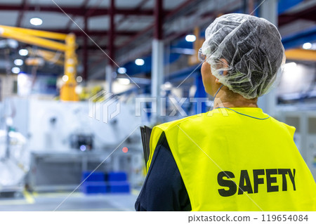 Portrait of safety worker in an industrial factory, concet of safety and environment Portrait of safety worker in an industrial factory, concet of safety and environment 119654084