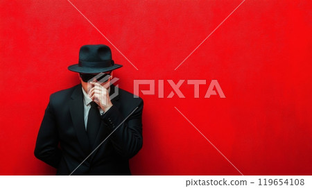 Serious man wearing suit and hat on red background 119654108
