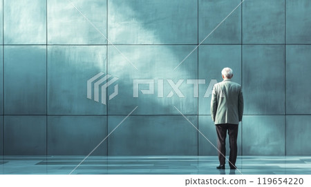 Senior businessman standing in front of a wall looking at bright light shining through it 119654220