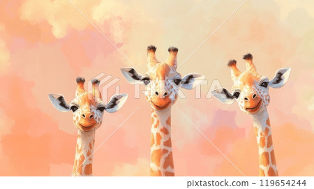Three cute giraffes smiling in the sunset 119654244