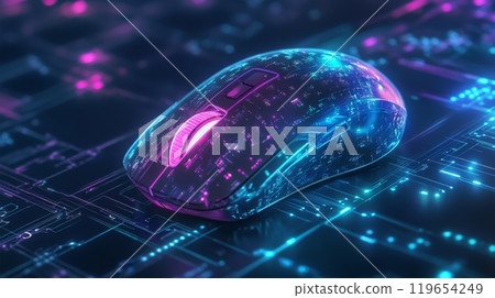 Modern wireless computer mouse resting on glowing circuit board Modern wireless computer mouse resting on glowing circuit board 119654249