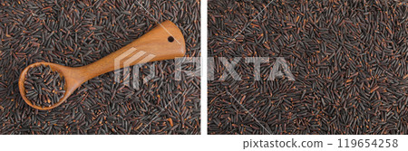 Black rice in a wooden spoon as a background. Top view. Flat lay 119654258