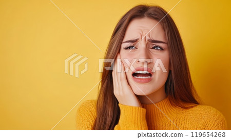 Young woman suffering from strong toothache on yellow background 119654268