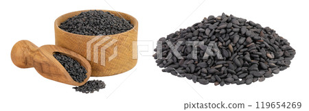 black sesame seeds in wooden bowl and scoop isolated on white background with full depth of field 119654269