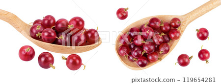 Red gooseberry in wooden spoon isolated on white background. Top view. Flat lay. Red gooseberry in wooden spoon isolated on white background. Top view. Flat lay. 119654281