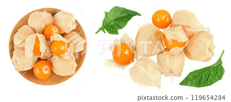 Cape gooseberry or physalis in wooden bowl isolated on white background. Top view with copy space for your text. . Flat lay 119654284