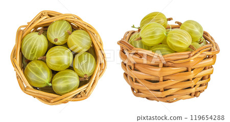 Green gooseberry in a wicker basket isolated on white background. Top view. Flat lay. Green gooseberry in a wicker basket isolated on white background. Top view. Flat lay. 119654288