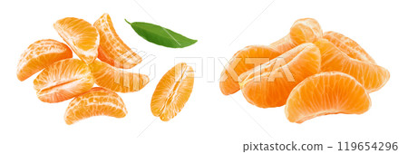 Tangerine or clementine slices isolated on white background with full depth of field. Top view. Flat lay. 119654296