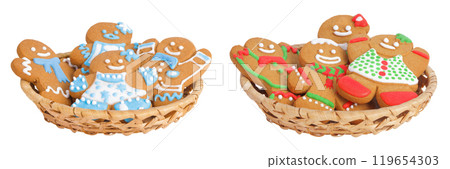 christmas gingerbread cookie in a wicker basket isolated on white background 119654303