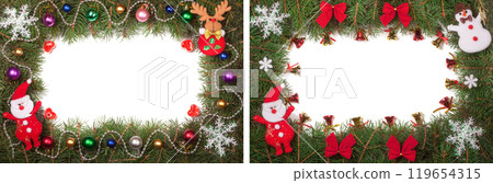 Christmas frame made of fir branches decorated with Santa Claus and balls isolated on white background with copy space for your text Christmas frame made of fir branches decorated with Santa Claus and balls isolated on white background with copy space for your text 119654315