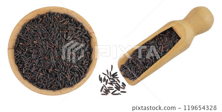 Black rice in a wooden bowl and scoop isolated on white background. Top view. Flat lay Black rice in a wooden bowl and scoop isolated on white background. Top view. Flat lay 119654328