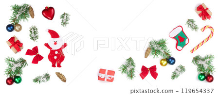 Christmas background with fir branches and decoration isolated on white background. Top view with copy space for your text. Flat lay 119654337
