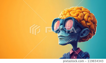 Blue alien wearing goggles thinking about science and future 119654343