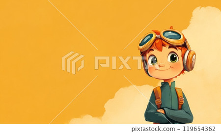 Young boy wearing a pilot costume is smiling with his arms crossed 119654362